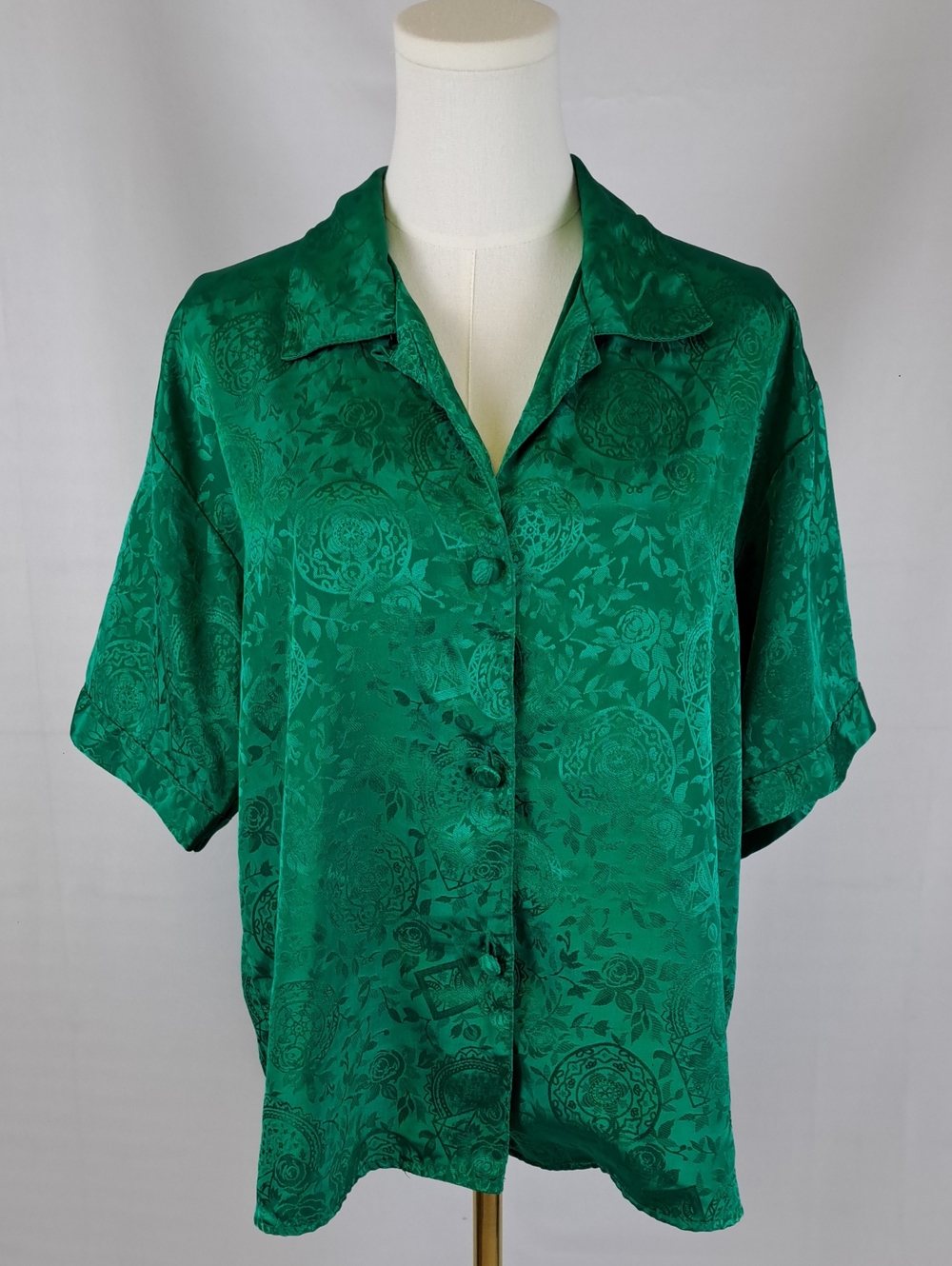 Victoria's Secret Vintage  Emerald Green Satin Short-Sleeve Button-Down PJ Top M